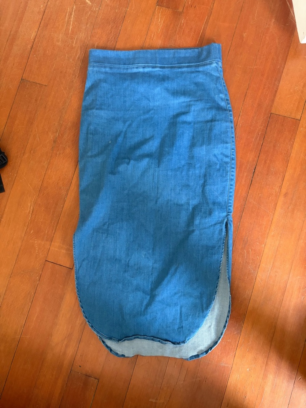 Frank and Eileen Blue Denim Midi Skirt with Curved Hem